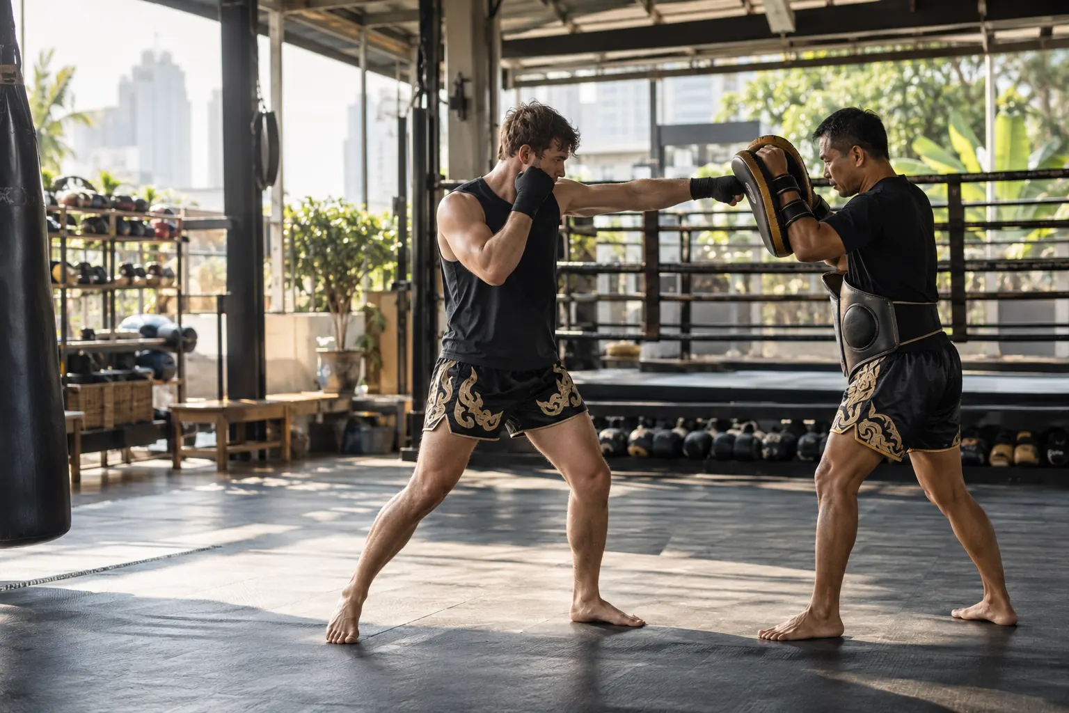 Illustration of a student practicing muaythai pad work with a trainer in a gym.