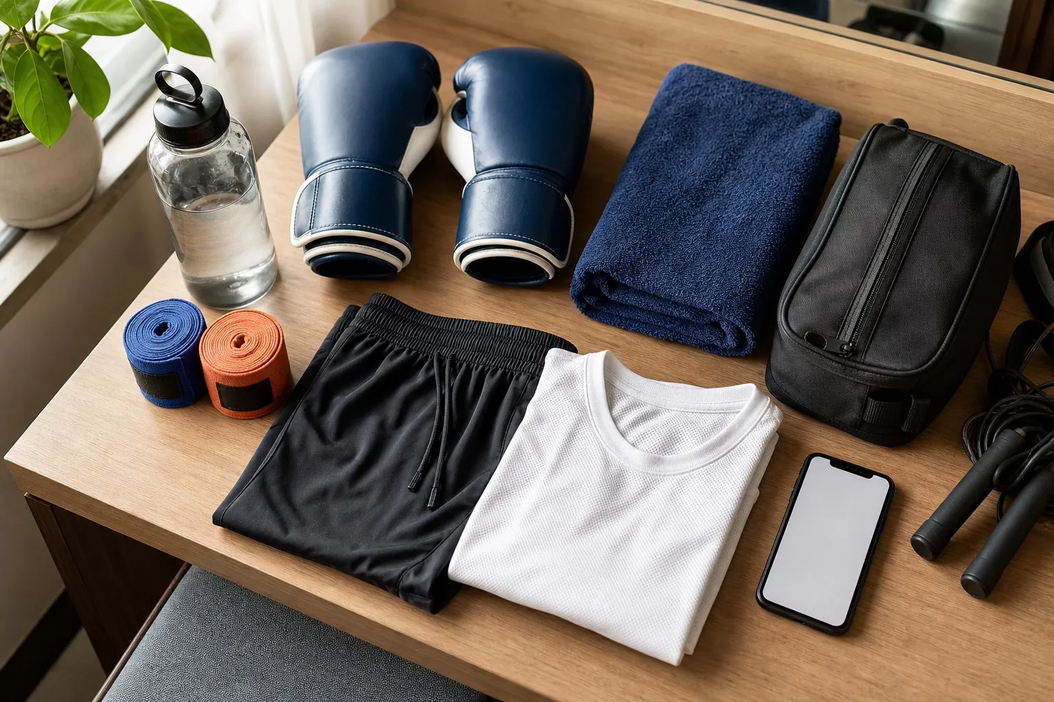 Flat-lay of muaythai class gear and clothing