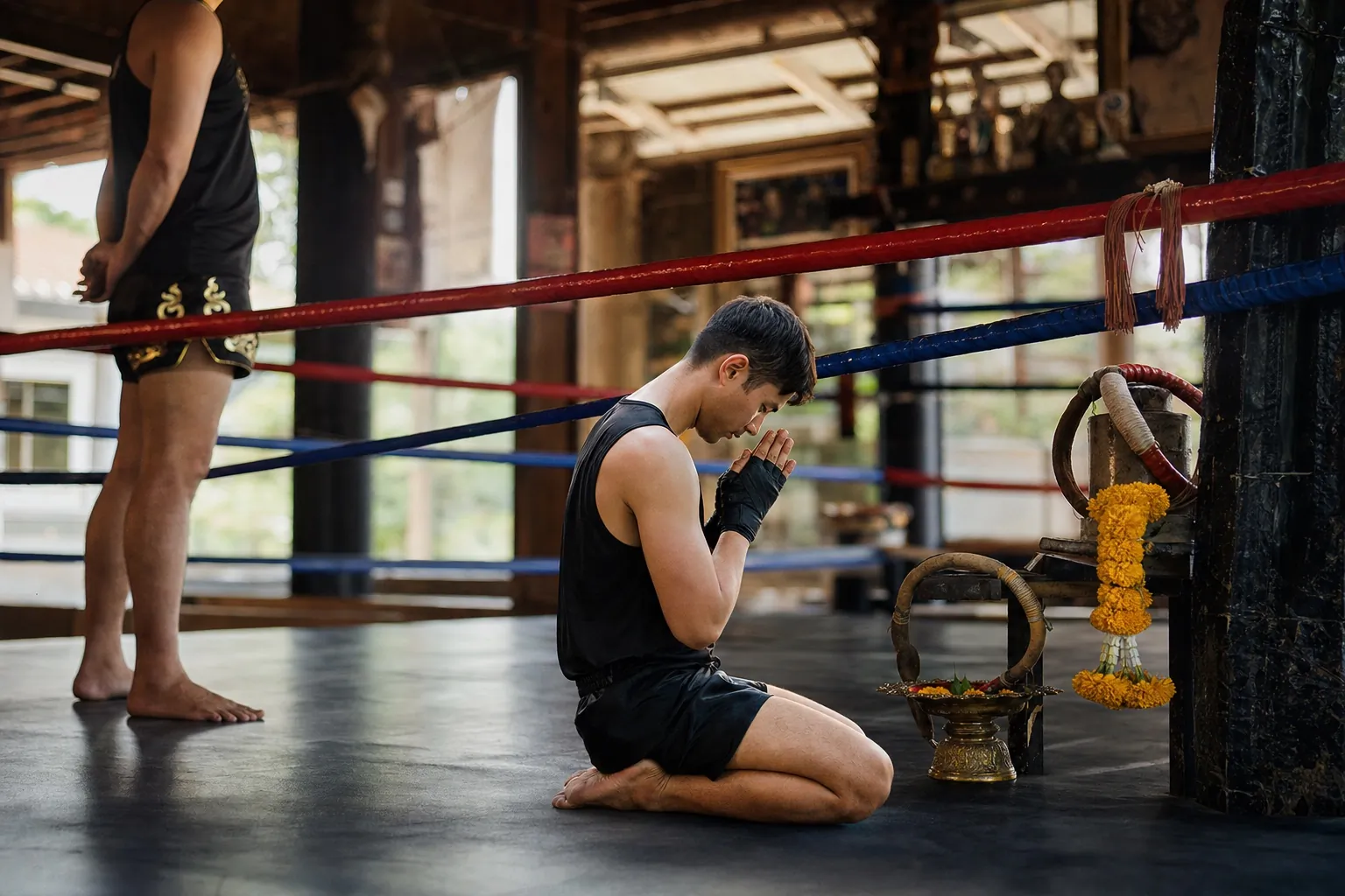 Wai khru ritual before a muaythai class